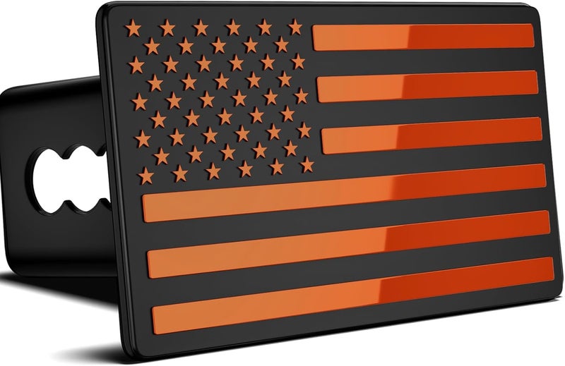 OGYE 2 Inch Trailer Hitch Cover with American Flag, Heavy Metal Trailer Hitch Cover Fit for 2 Inch Hitch Receivers,3 * 5" Orange - Image 1